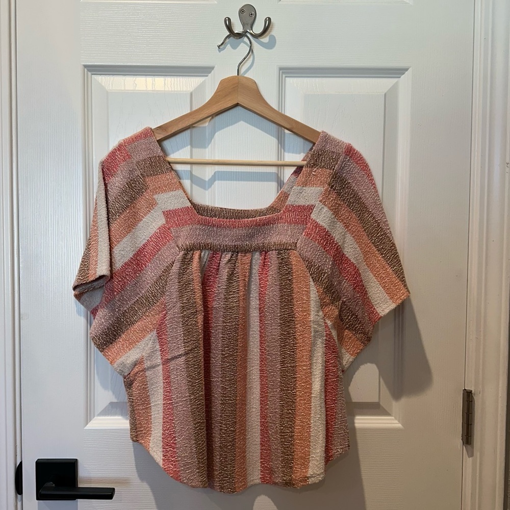 Madewell striped pink blouse with flutter sleeve